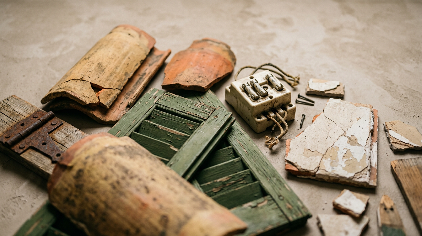 Old house parts laid out on a plaster floor: roof tiles, green shutters, a porcelain fuse box and flaking plaster