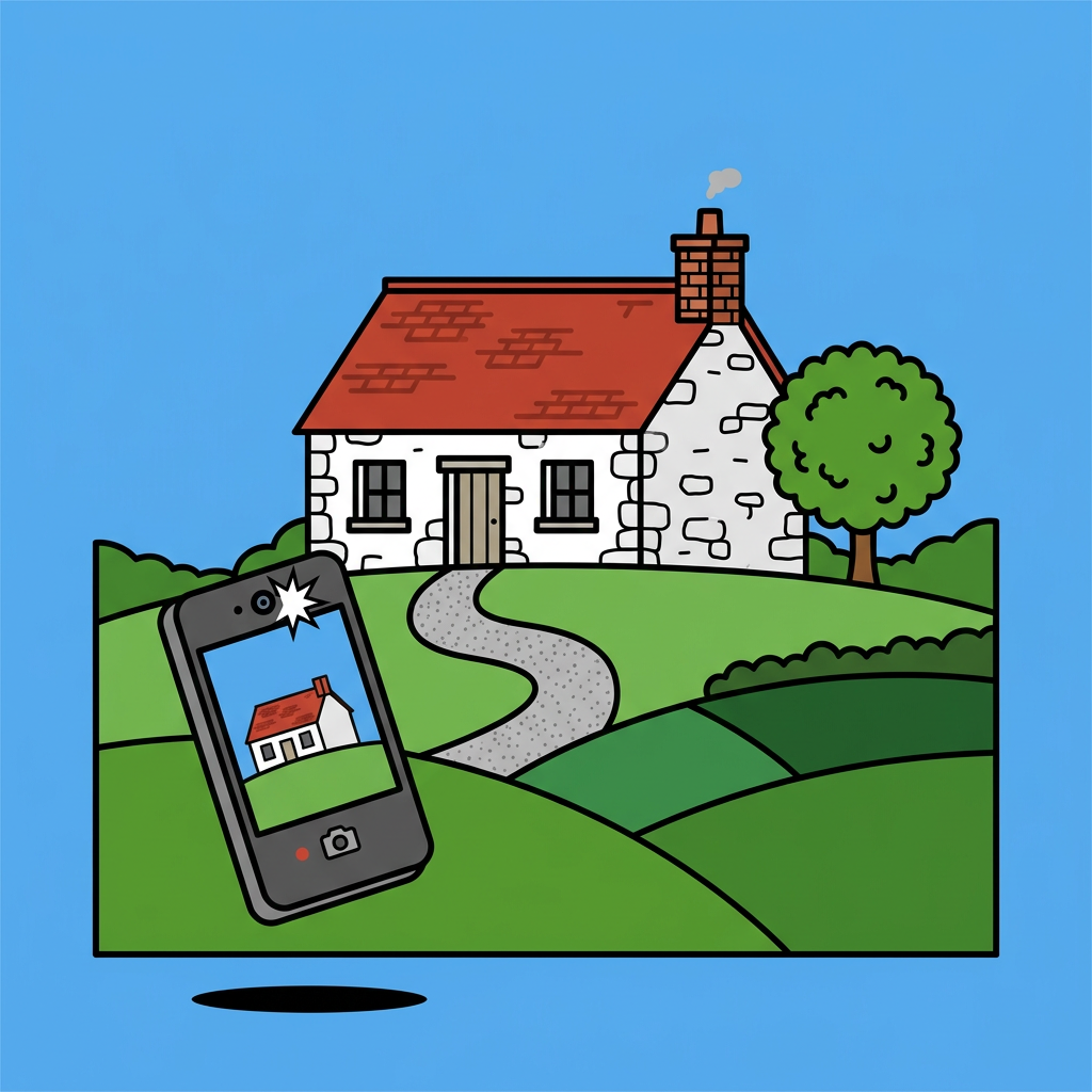 An illustrated stone house on green hills with a phone in the foreground photographing it
